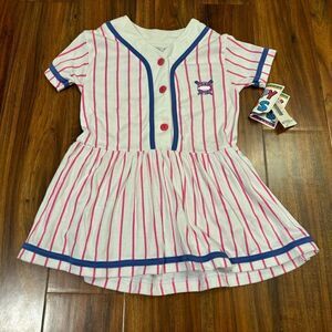 Happy Kids Vintage Team Sports baseball white pink stripe short sleeve dress